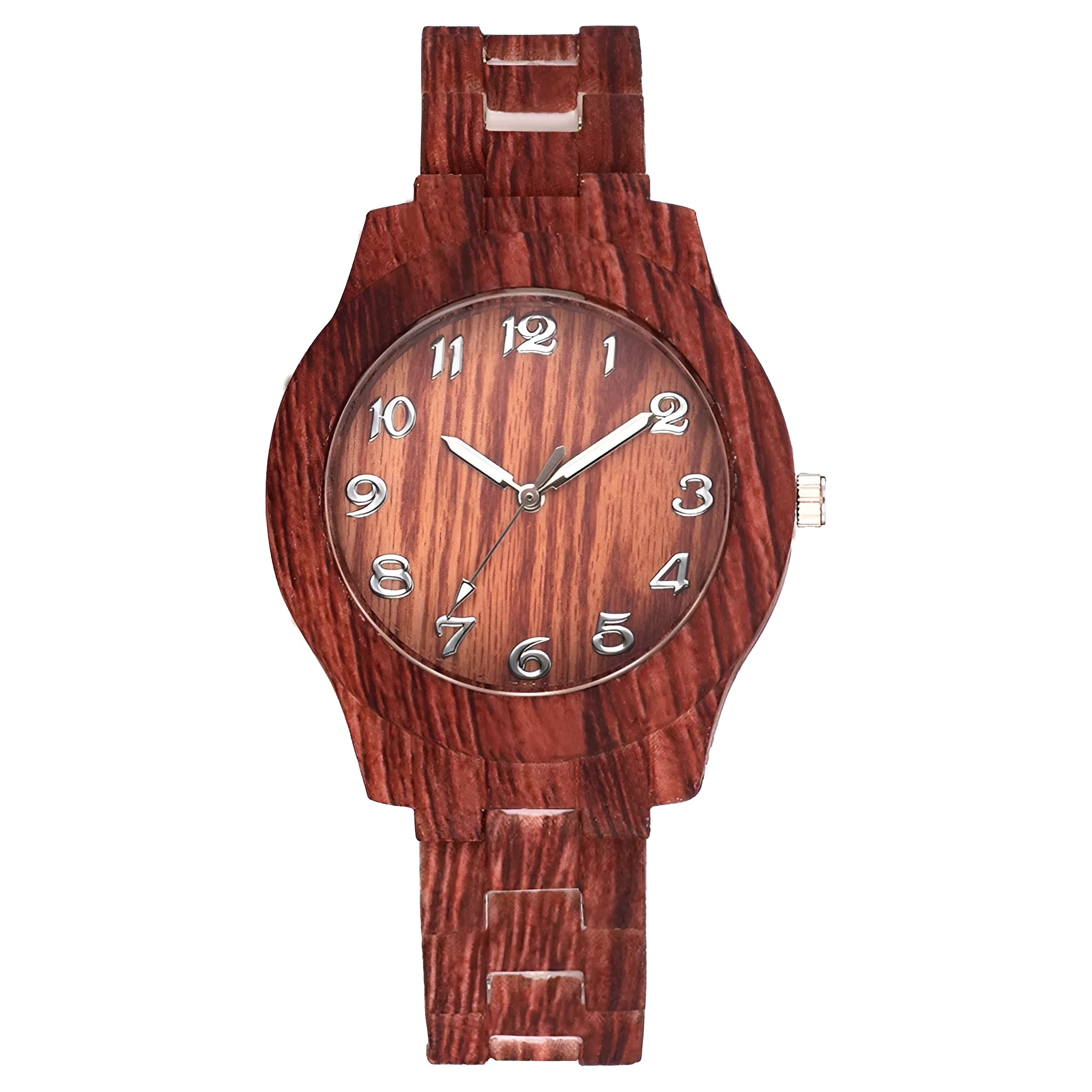 Retro-style quartz watch with brown wood grain dial on a beige silicone strap, showing the folding buckle.
