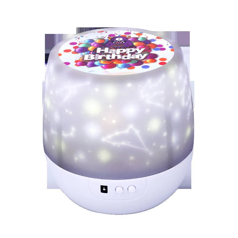 Starry sky projector lamp showing cosmic projection patterns with cartoon design