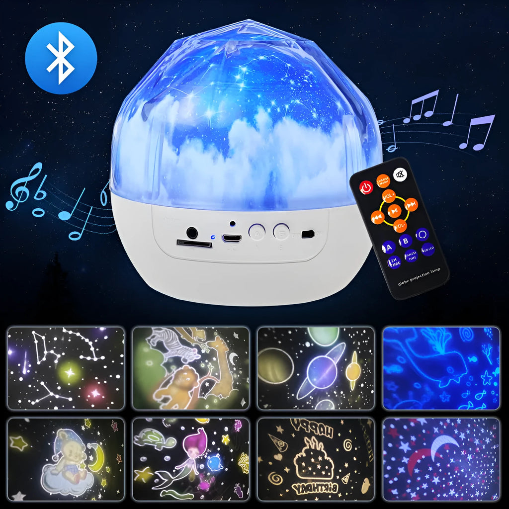 Starry sky projector lamp showing cosmic projection patterns with cartoon design