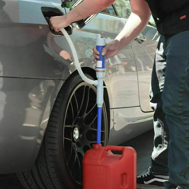 Blue manual hand siphon pump for transferring fuel and oil.