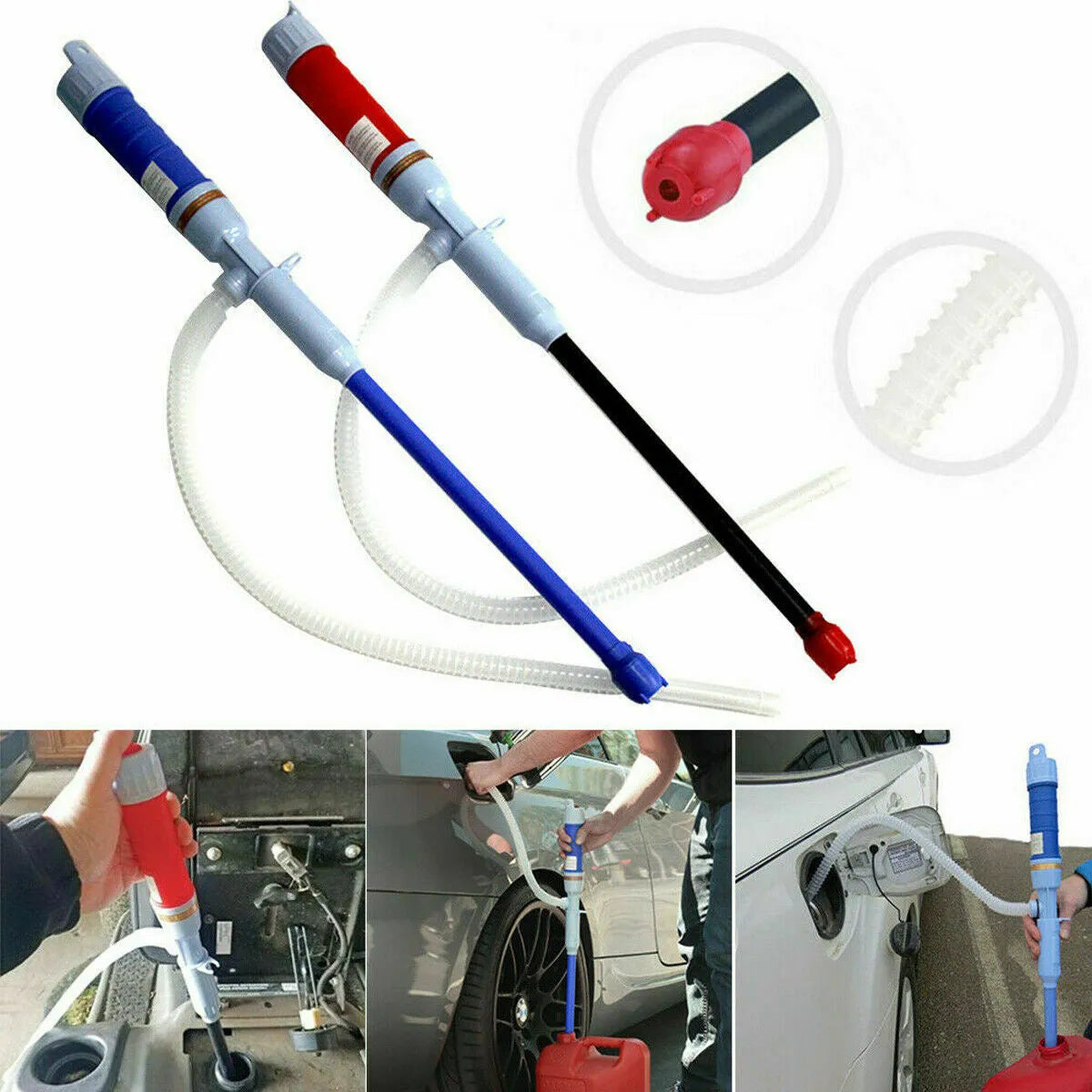 Blue manual hand siphon pump for transferring fuel and oil.