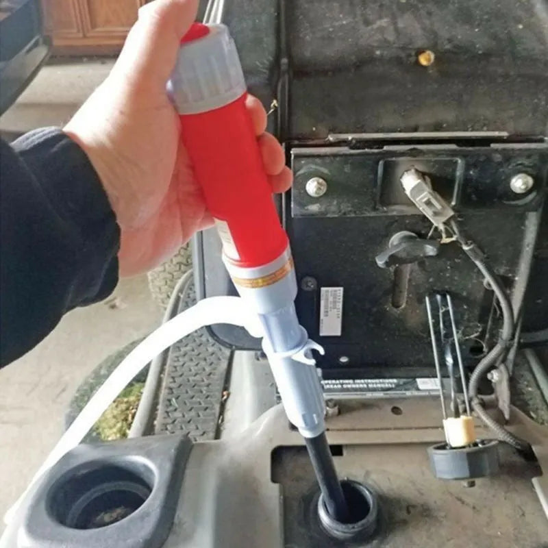 Blue manual hand siphon pump for transferring fuel and oil.