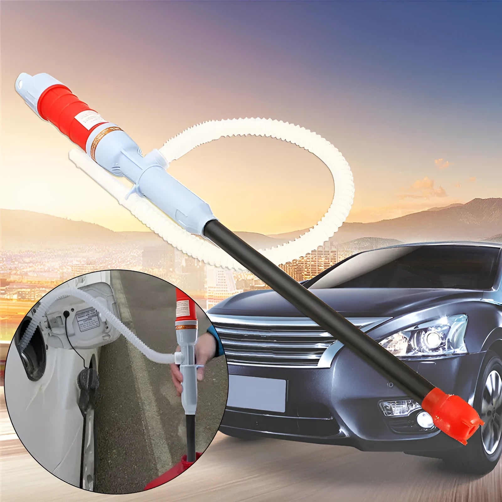 Blue manual hand siphon pump for transferring fuel and oil.
