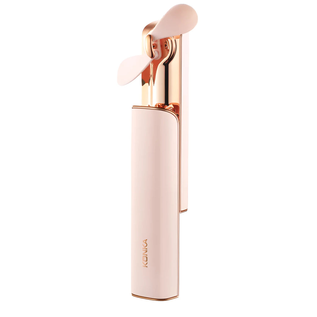 Pink folding handheld portable fan with USB charging cable
