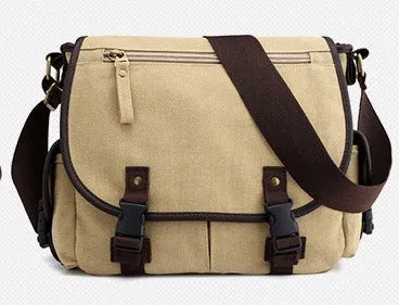 Men's canvas shoulder bag in khaki or black, horizontal square messenger with cover flap and inner pockets