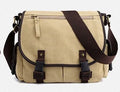 Men's canvas shoulder bag in khaki or black, horizontal square messenger with cover flap and inner pockets