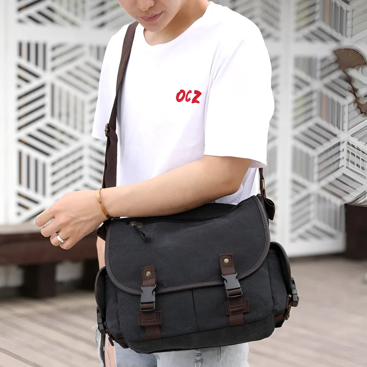 Men's canvas shoulder bag in khaki or black, horizontal square messenger with cover flap and inner pockets