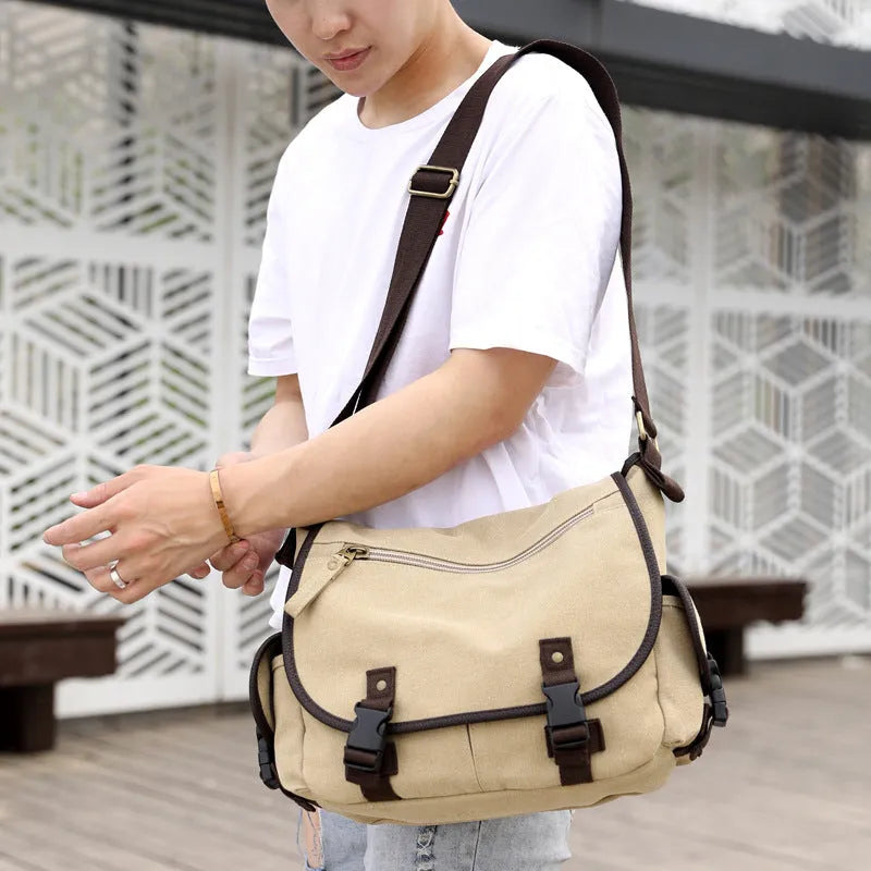 Men's canvas shoulder bag in khaki or black, horizontal square messenger with cover flap and inner pockets