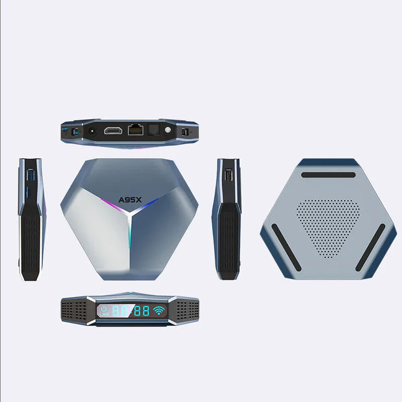 Android 8K TV set-top box with remote control, HDMI cable, and power adapter