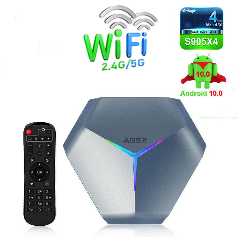 Android 8K TV set-top box with remote control, HDMI cable, and power adapter