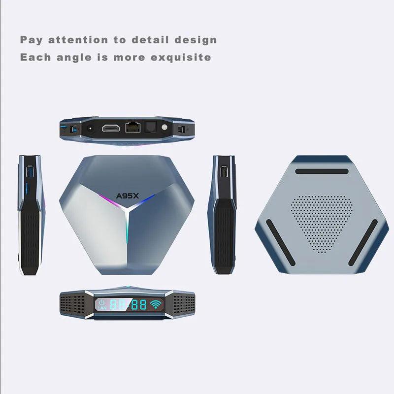 Android 8K TV set-top box with remote control, HDMI cable, and power adapter