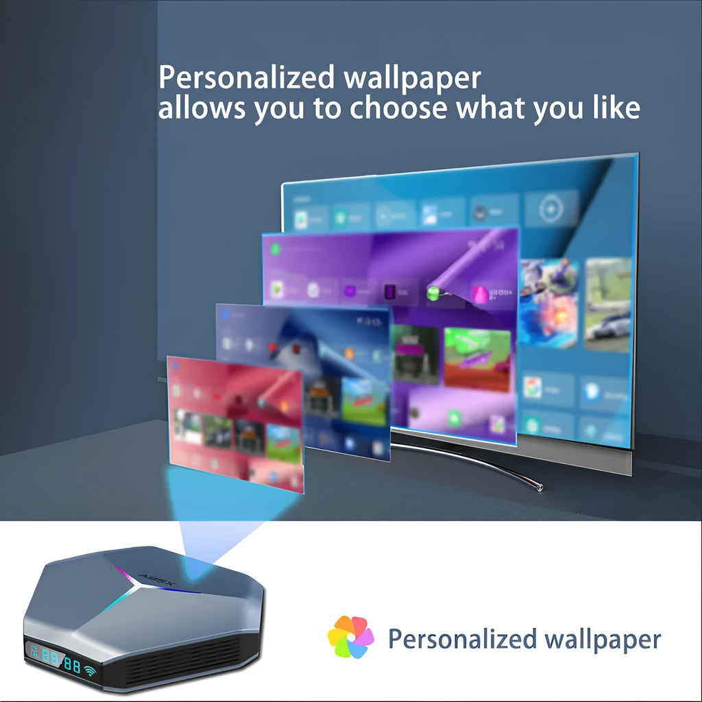 Android 8K TV set-top box with remote control, HDMI cable, and power adapter
