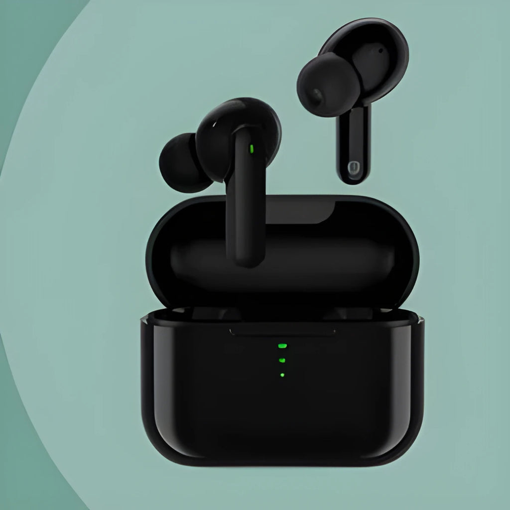Black or white wireless Bluetooth in-ear headphones with charging case showing magnetic connectors