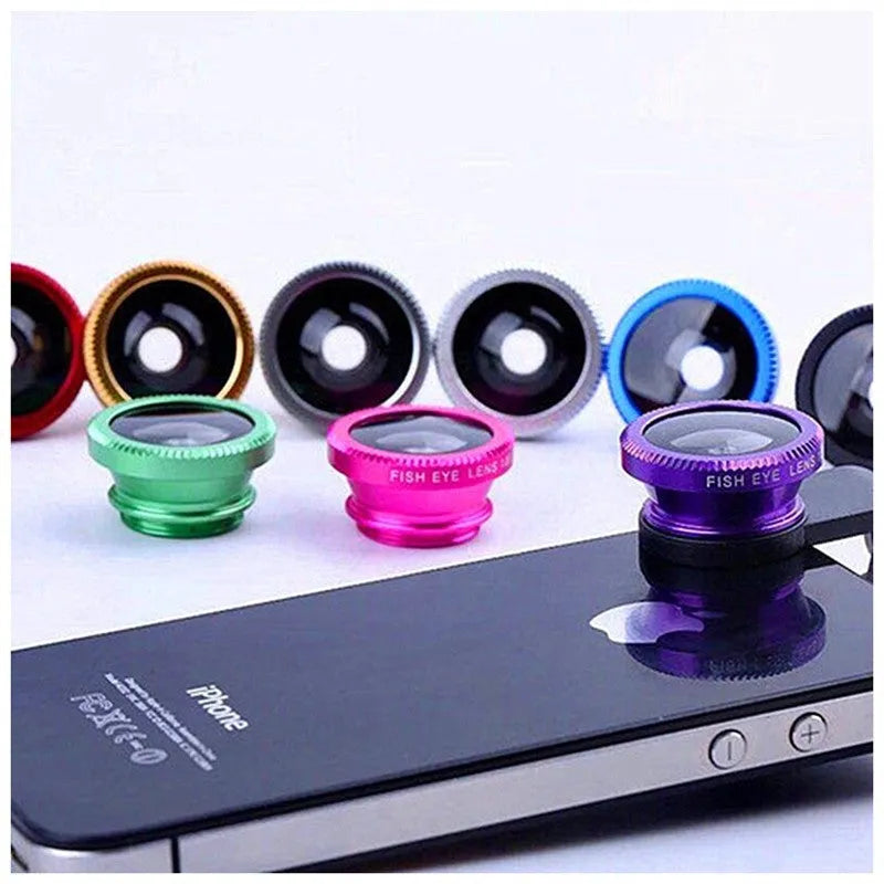 3-in-1 smartphone camera lens kit with fisheye, wide angle, and macro lenses in aluminium alloy housing