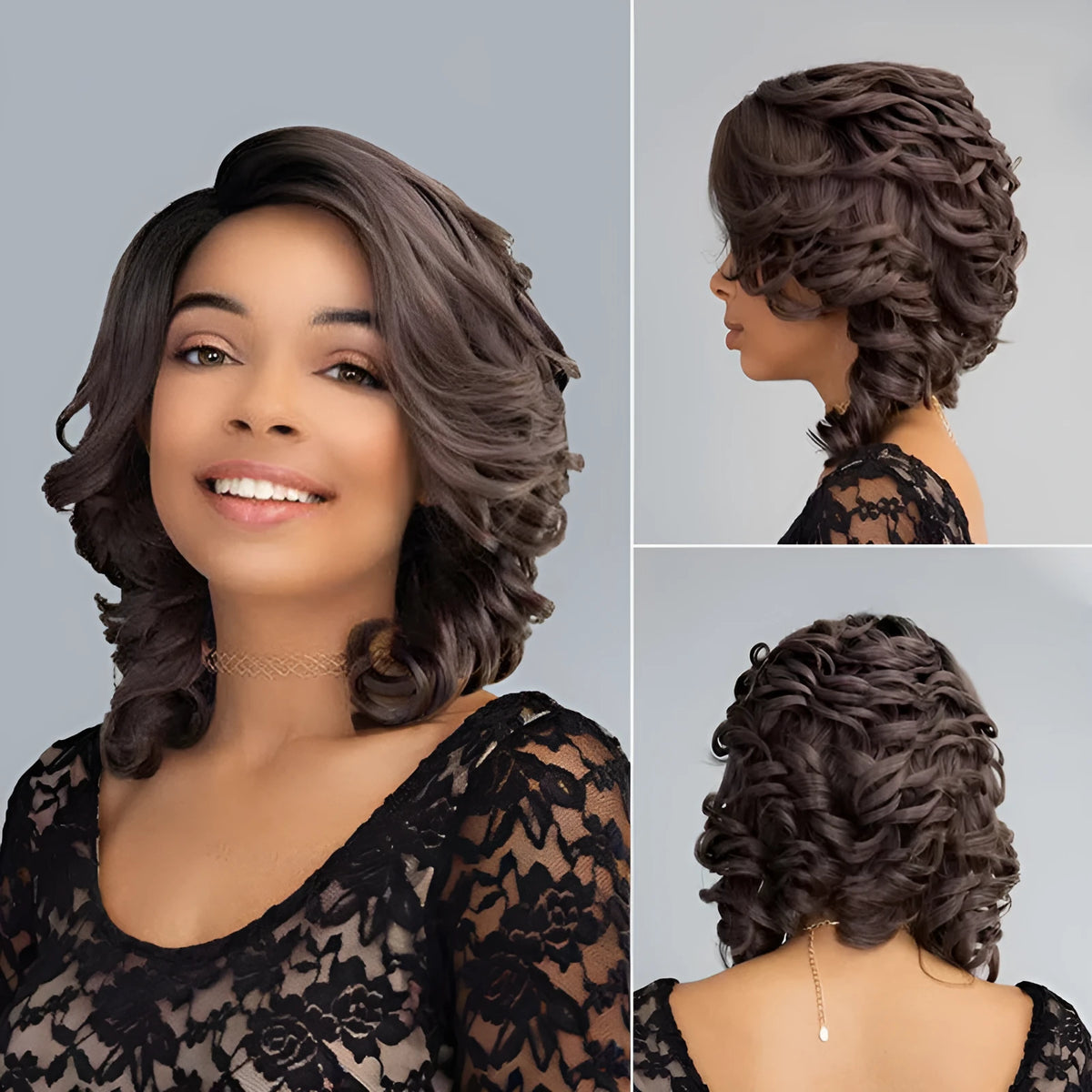 Black wave wig with oblique bangs made from high temperature wire, dyeable and suitable for any face shape.