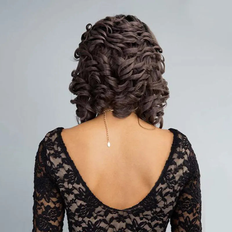 Black wave wig with oblique bangs made from high temperature wire, dyeable and suitable for any face shape.