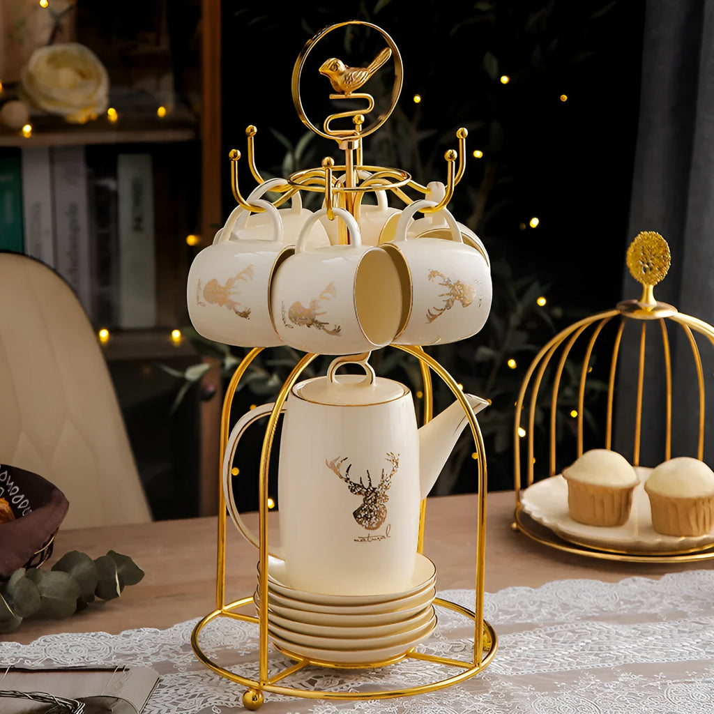 13 piece tea set with elk bird stand for afternoon tea and scented tea, serves 6 people