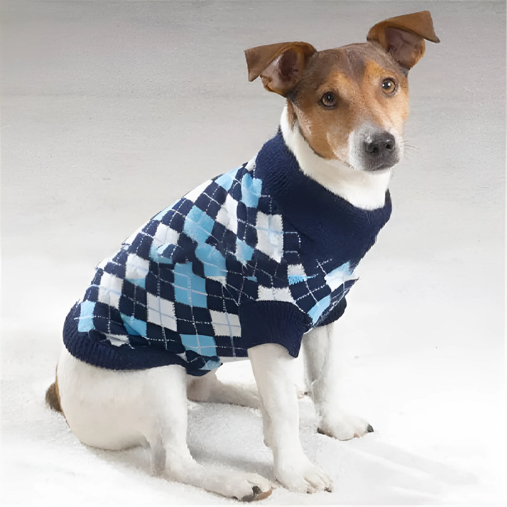 Acrylic dog sweater in blue or pink, sizes XS to XXL with 18-40cm back length and casual pullover style.