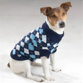 Acrylic dog sweater in blue or pink, sizes XS to XXL with 18-40cm back length and casual pullover style.