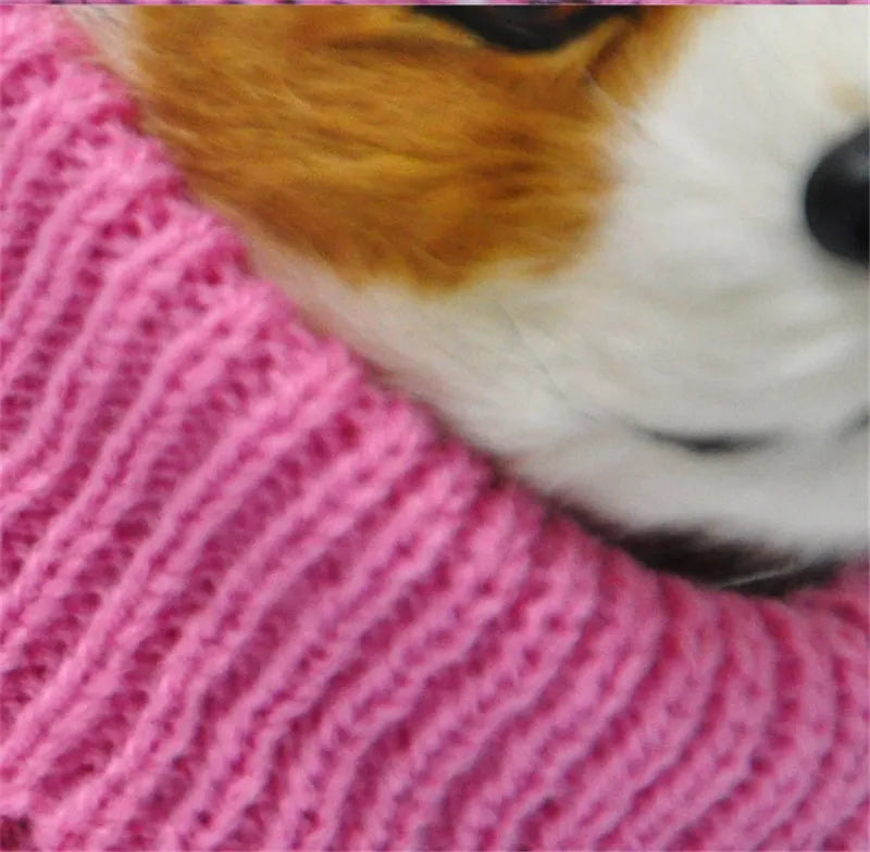 Acrylic dog sweater in blue or pink, sizes XS to XXL with 18-40cm back length and casual pullover style.