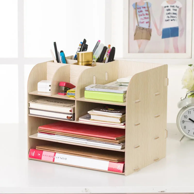 Korean-style wooden bamboo desk storage box with 16 compartments across 4 floors in colour options