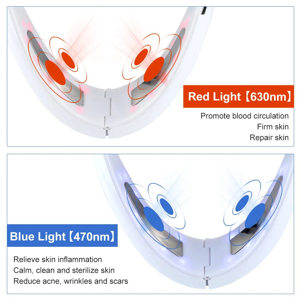 White facial lifting beauty device with red and blue light therapy functions
