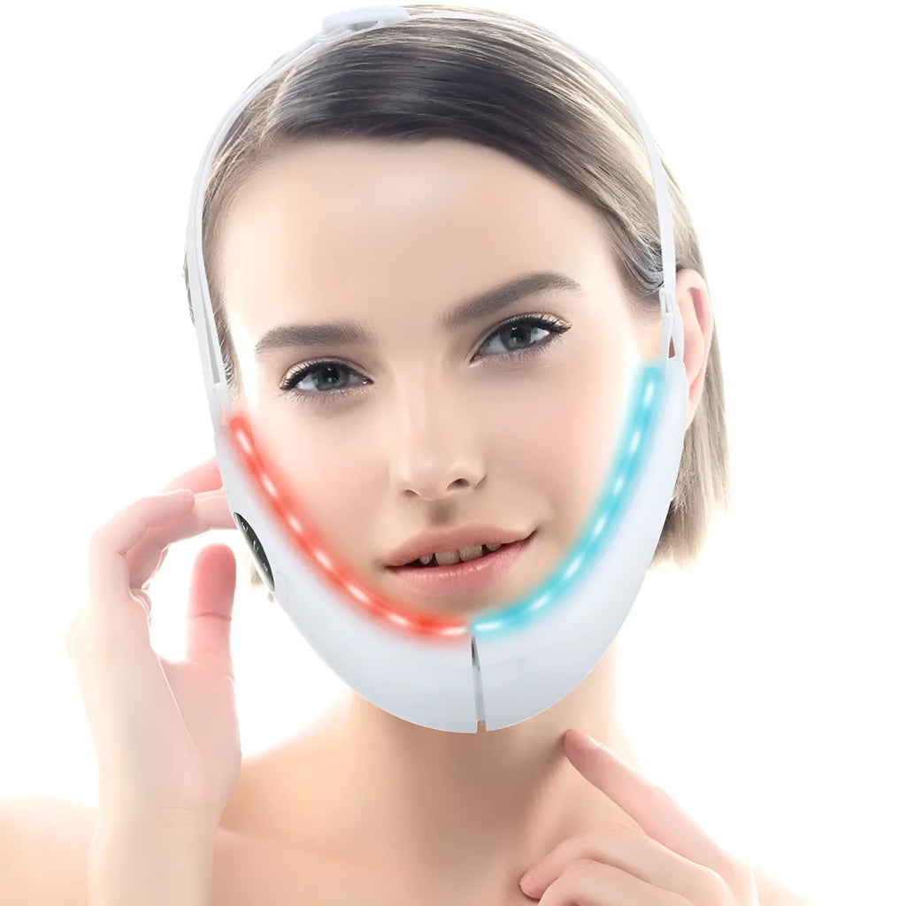 White facial lifting beauty device with red and blue light therapy functions