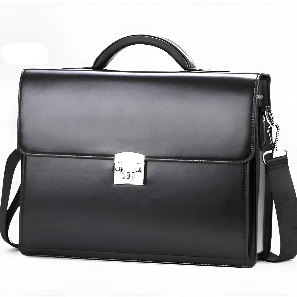 Men's black PU leather business briefcase shown open, revealing internal zipper pockets and sandwich bag.
