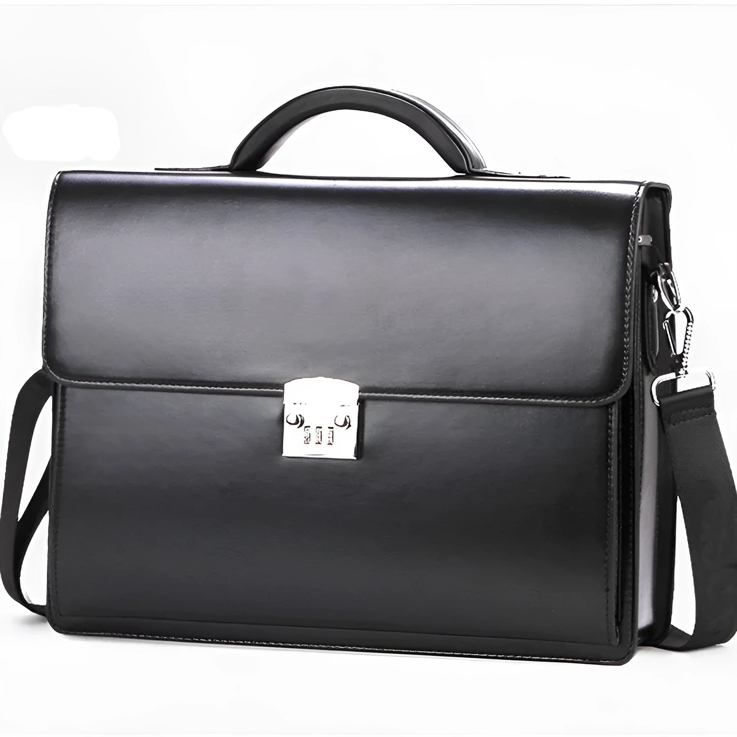Men's black PU leather business briefcase shown open, revealing internal zipper pockets and sandwich bag.