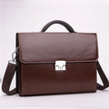 Men's black PU leather business briefcase shown open, revealing internal zipper pockets and sandwich bag.