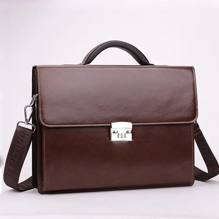 Men's black PU leather business briefcase shown open, revealing internal zipper pockets and sandwich bag.
