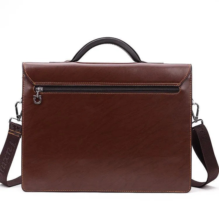 Men's black PU leather business briefcase shown open, revealing internal zipper pockets and sandwich bag.