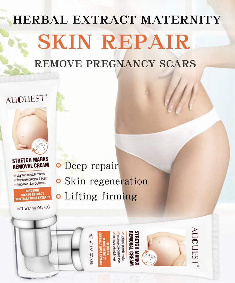 White stretch mark cream in a 45g pot, with ingredients including grape seed oil and jojoba seed oil