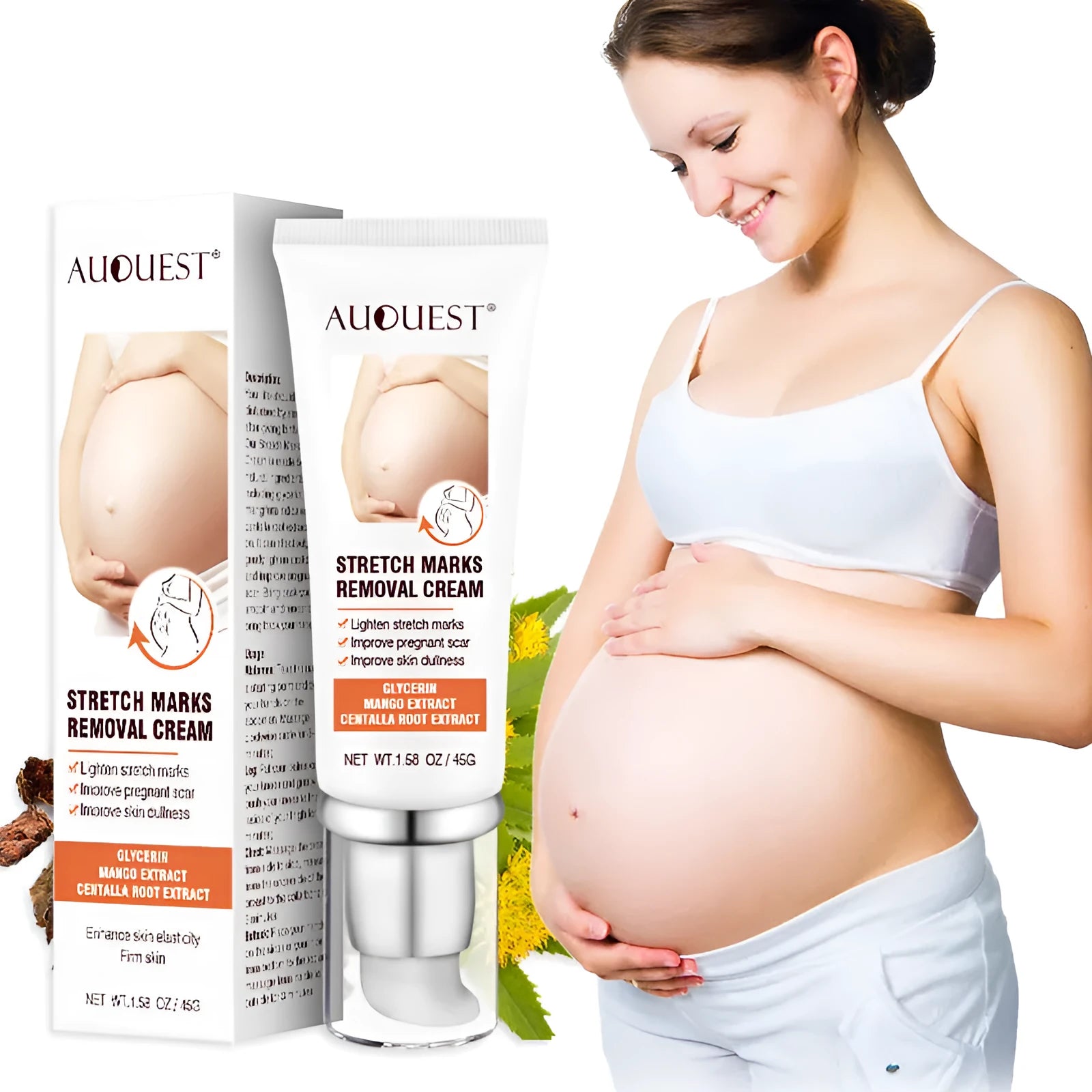 White stretch mark cream in a 45g pot, with ingredients including grape seed oil and jojoba seed oil