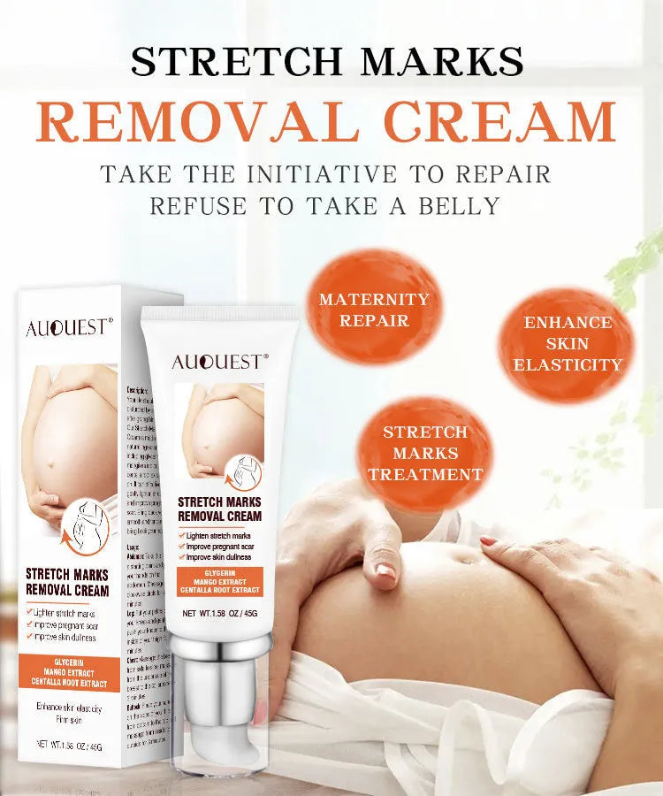 White stretch mark cream in a 45g pot, with ingredients including grape seed oil and jojoba seed oil