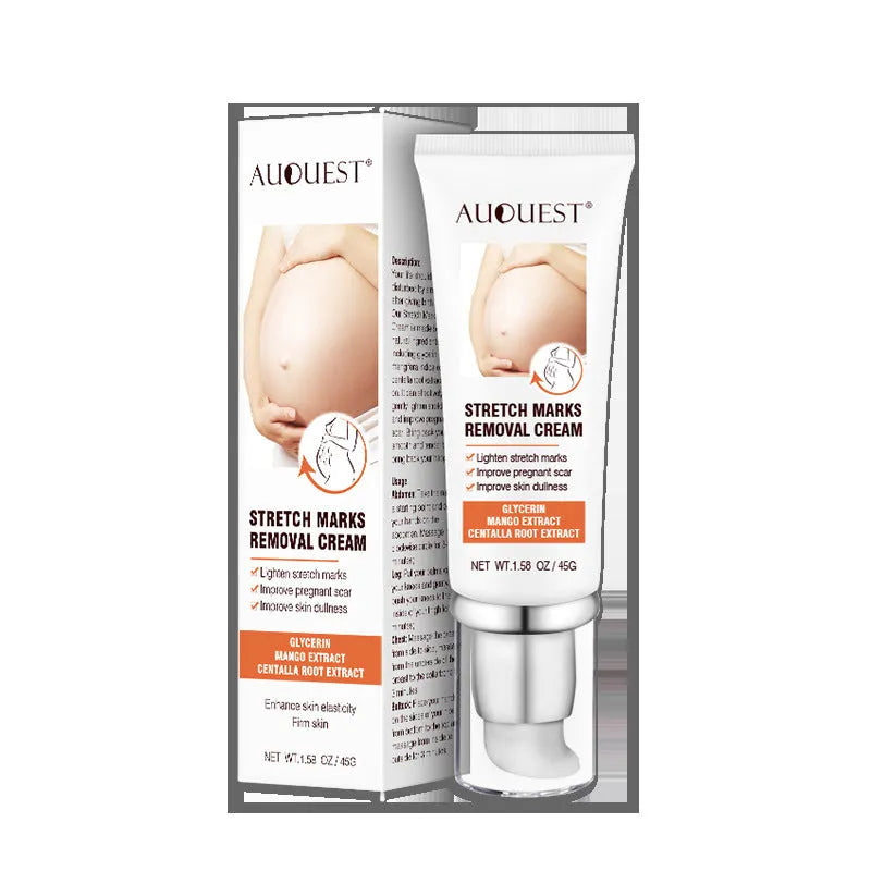 White stretch mark cream in a 45g pot, with ingredients including grape seed oil and jojoba seed oil