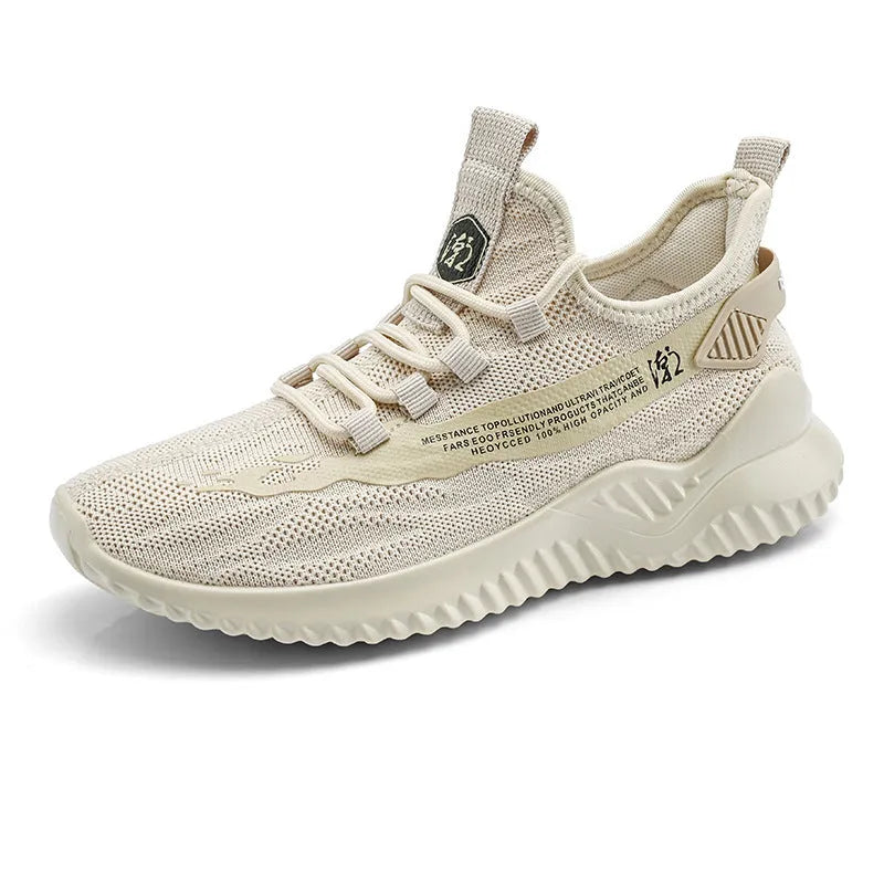 Men's white mesh sports shoes with rubber sole showing front-tie design and round toe shape