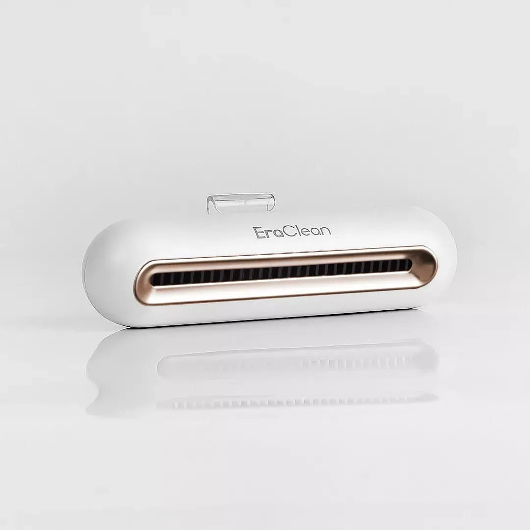 Rose gold car refrigerator deodorant steriliser with USB port and push-button controls