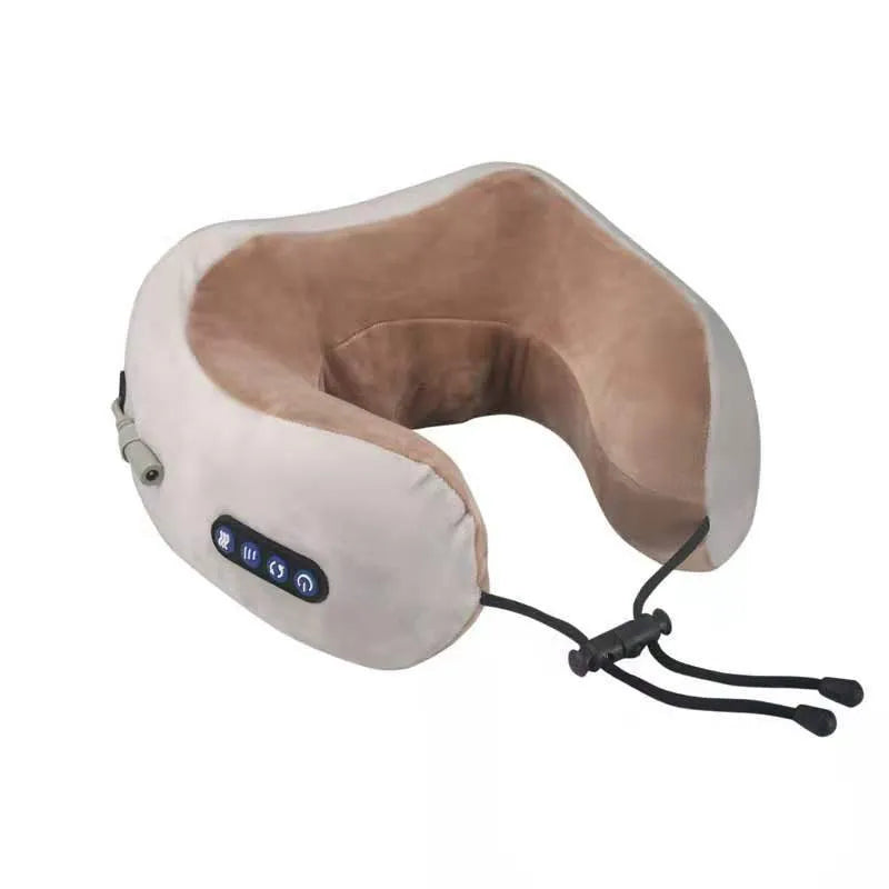 Brown U-shaped electric neck massage pillow with heating function and four massage heads