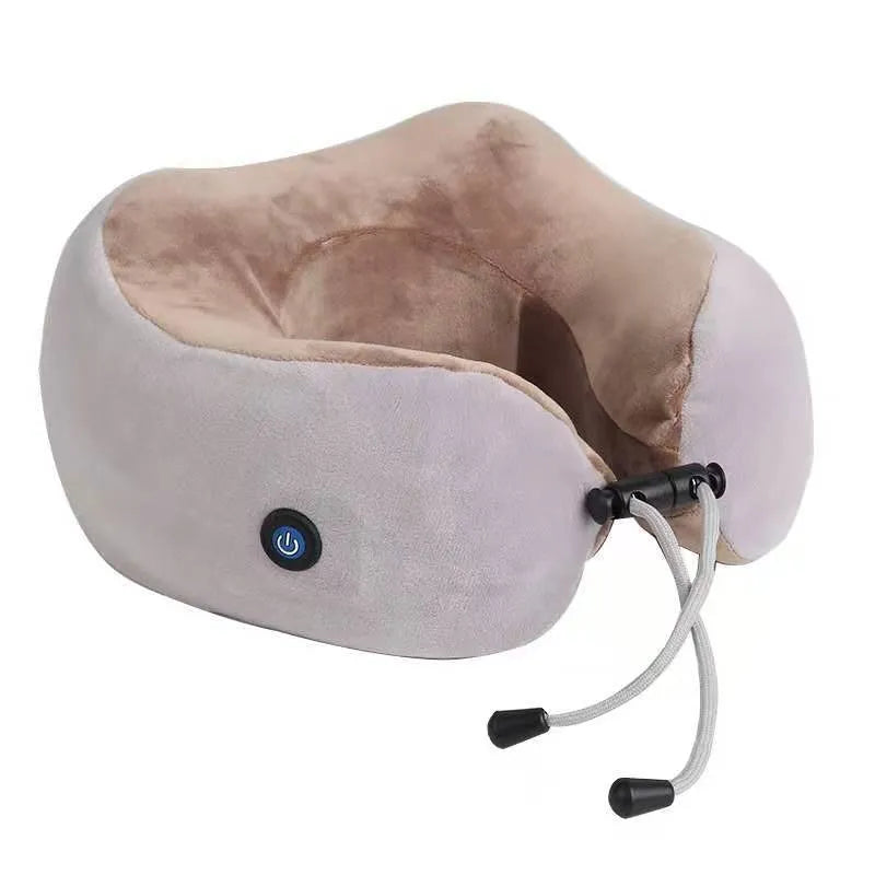 Brown U-shaped electric neck massage pillow with heating function and four massage heads