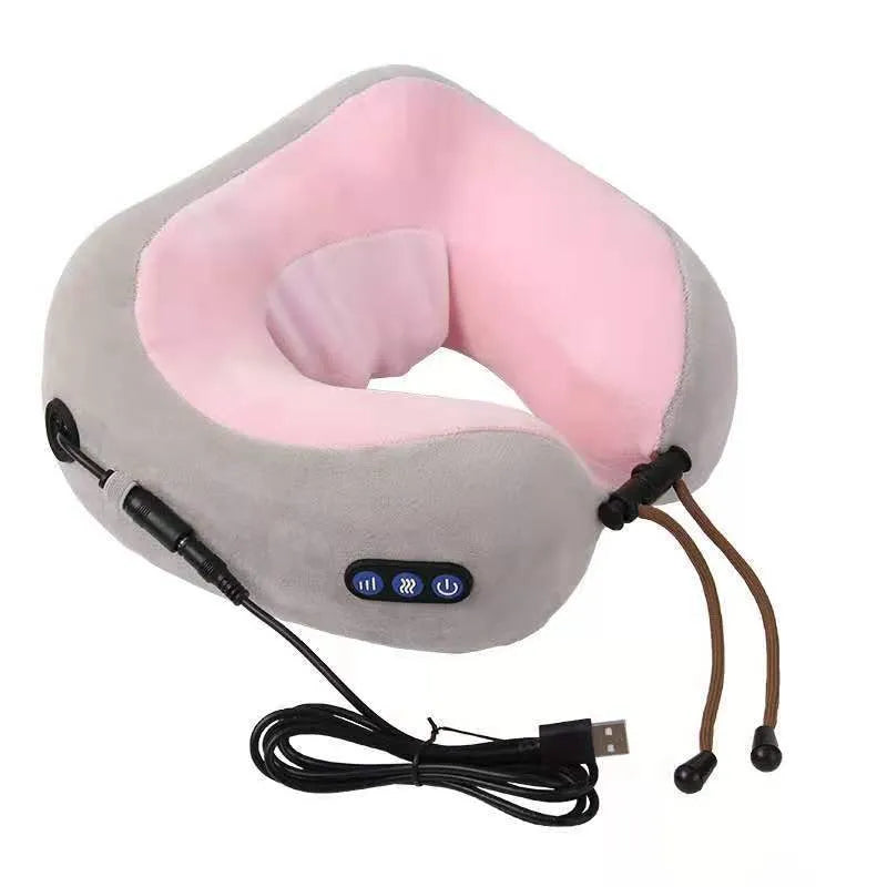 Brown U-shaped electric neck massage pillow with heating function and four massage heads