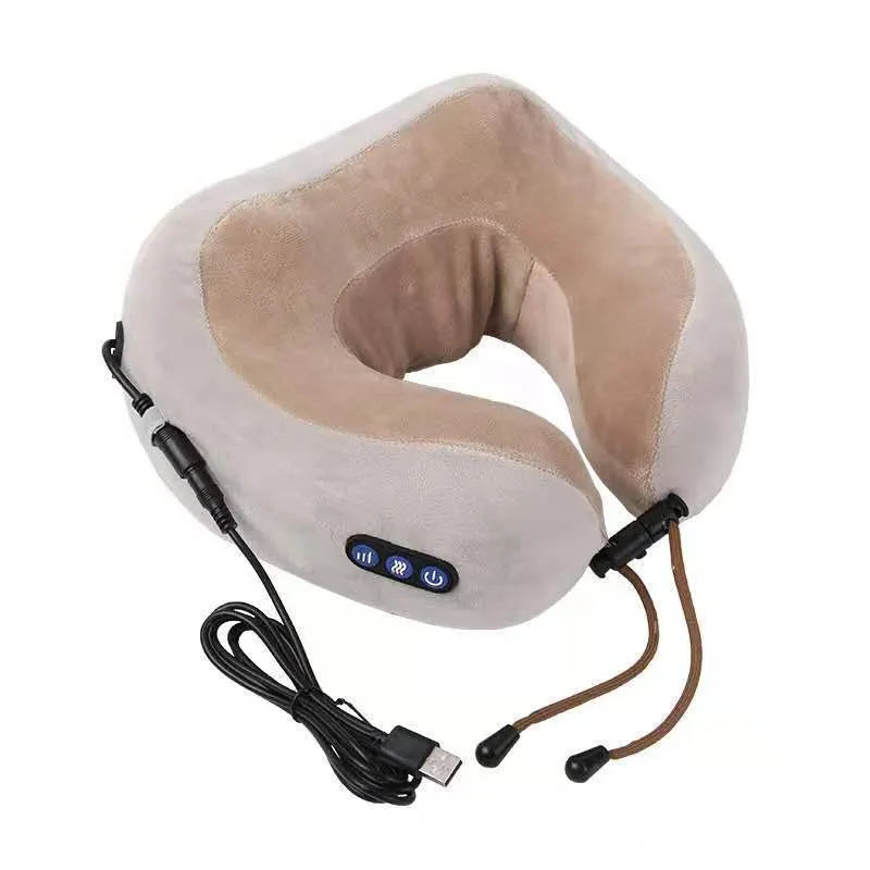 Brown U-shaped electric neck massage pillow with heating function and four massage heads