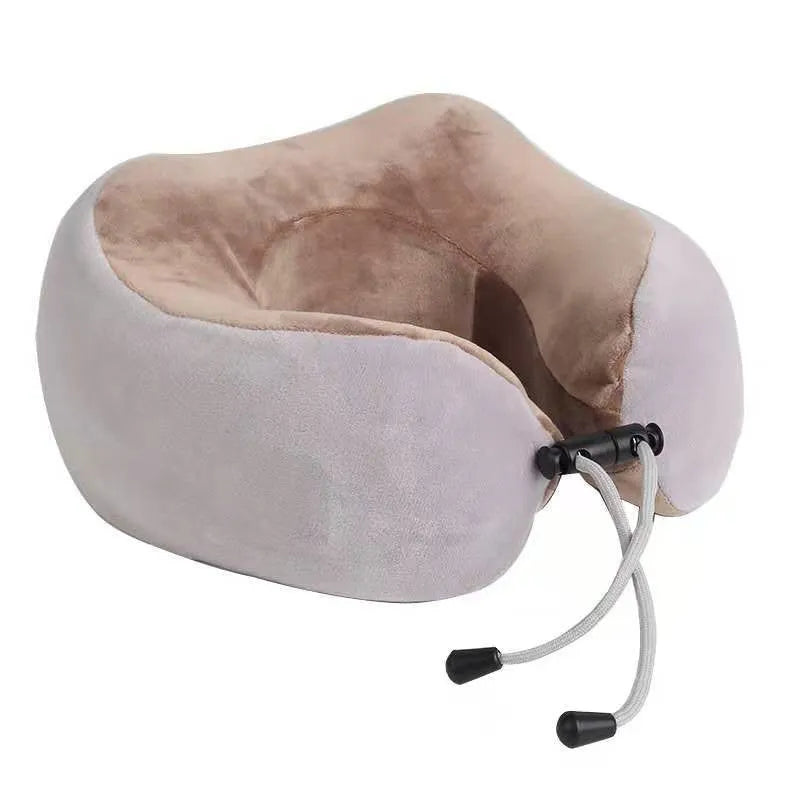 Brown U-shaped electric neck massage pillow with heating function and four massage heads