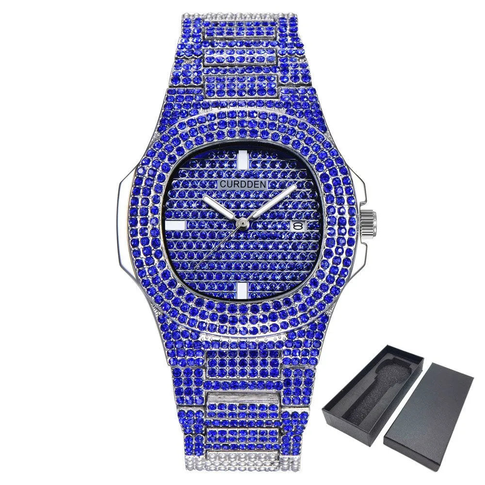 ICE-out bling gold luxury watch for men with diamond design, alloy strap, and 38mm round dial