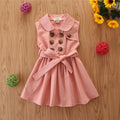 A sleeveless pink A-line princess dress for a toddler girl with a sash and button fastening.