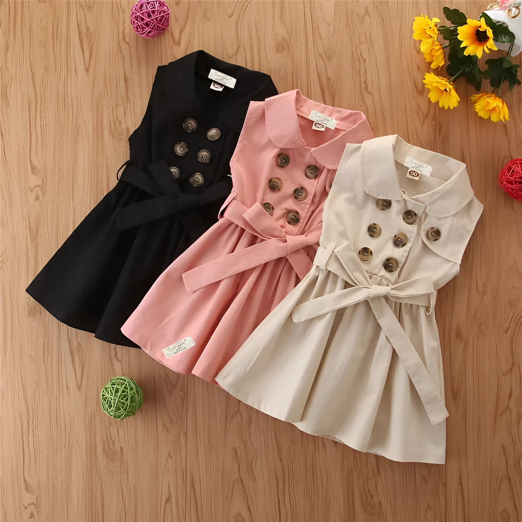 A sleeveless pink A-line princess dress for a toddler girl with a sash and button fastening.