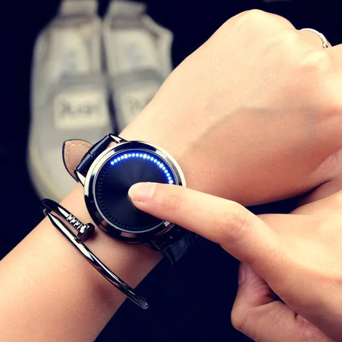 Electronic digital watch with blue LED light display in black or white colour options