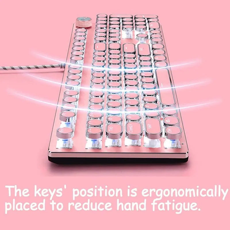 Queen Lipstick mechanical keyboard with green switches, pink keys on silver base