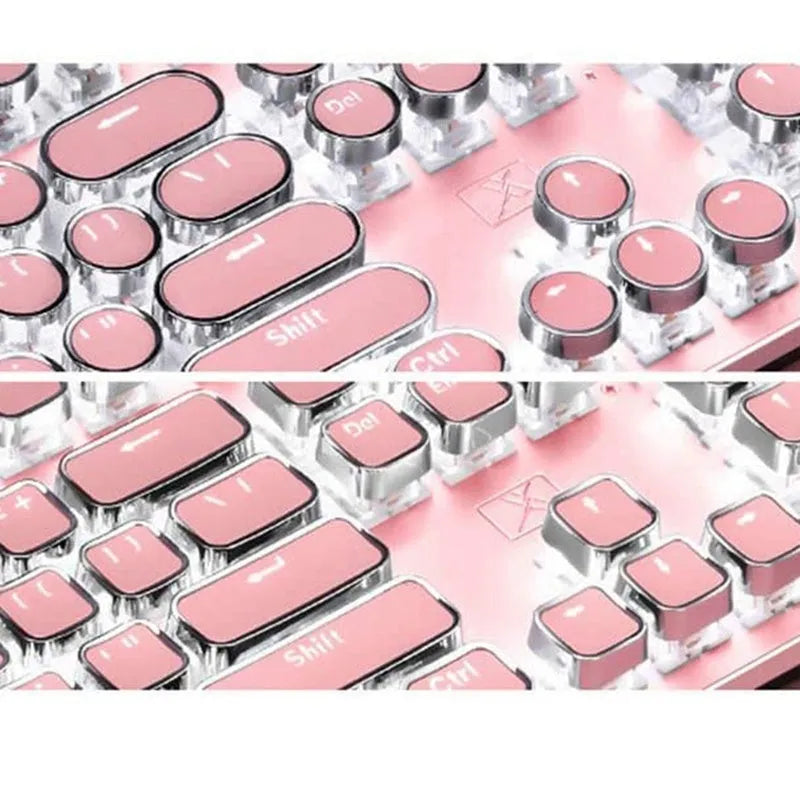 Queen Lipstick mechanical keyboard with green switches, pink keys on silver base