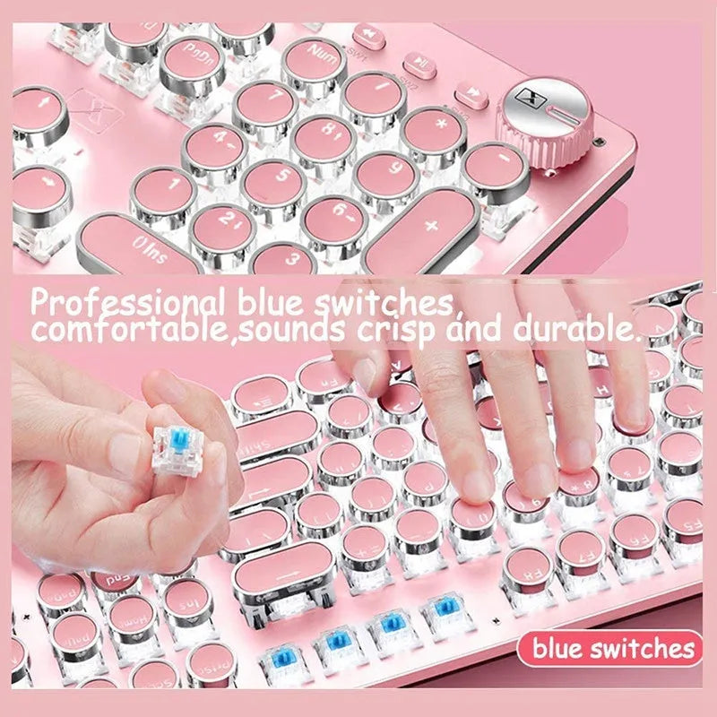 Queen Lipstick mechanical keyboard with green switches, pink keys on silver base